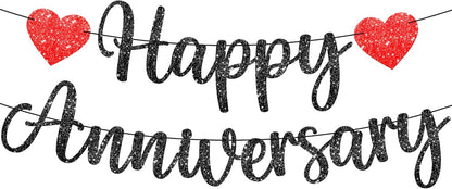 KatchOn, Happy Anniversary Banner Glitter Black - No DIY, 2 String, 10 Feet | Happy Anniversary Decorations for Party | Happy Anniversary Sign for Wedding Anniversary Decorations, Romantic Decorations