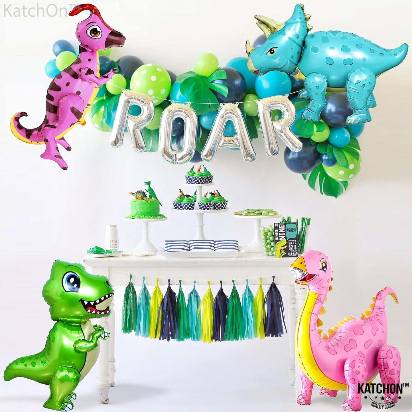 KatchOn, Large Pink Dinosaur Balloons for Birthday Party - Pack of 4 | Pink Dino Balloons for Dinosaur Party Decorations | Dinosaur Birthday Party Supplies for Three Rex Birthday Decorations Girl