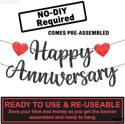KatchOn, Happy Anniversary Banner Glitter Black - No DIY, 2 String, 10 Feet | Happy Anniversary Decorations for Party | Happy Anniversary Sign for Wedding Anniversary Decorations, Romantic Decorations