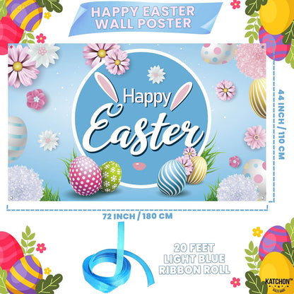 KatchOn, XtraLarge Happy Easter Backdrop - Large, 72x44 Inch | Happy Easter Banner for Easter Decorations | Easter Backdrops for Photography, Easter Party Decorations | Easter Egg Hunt Decorations