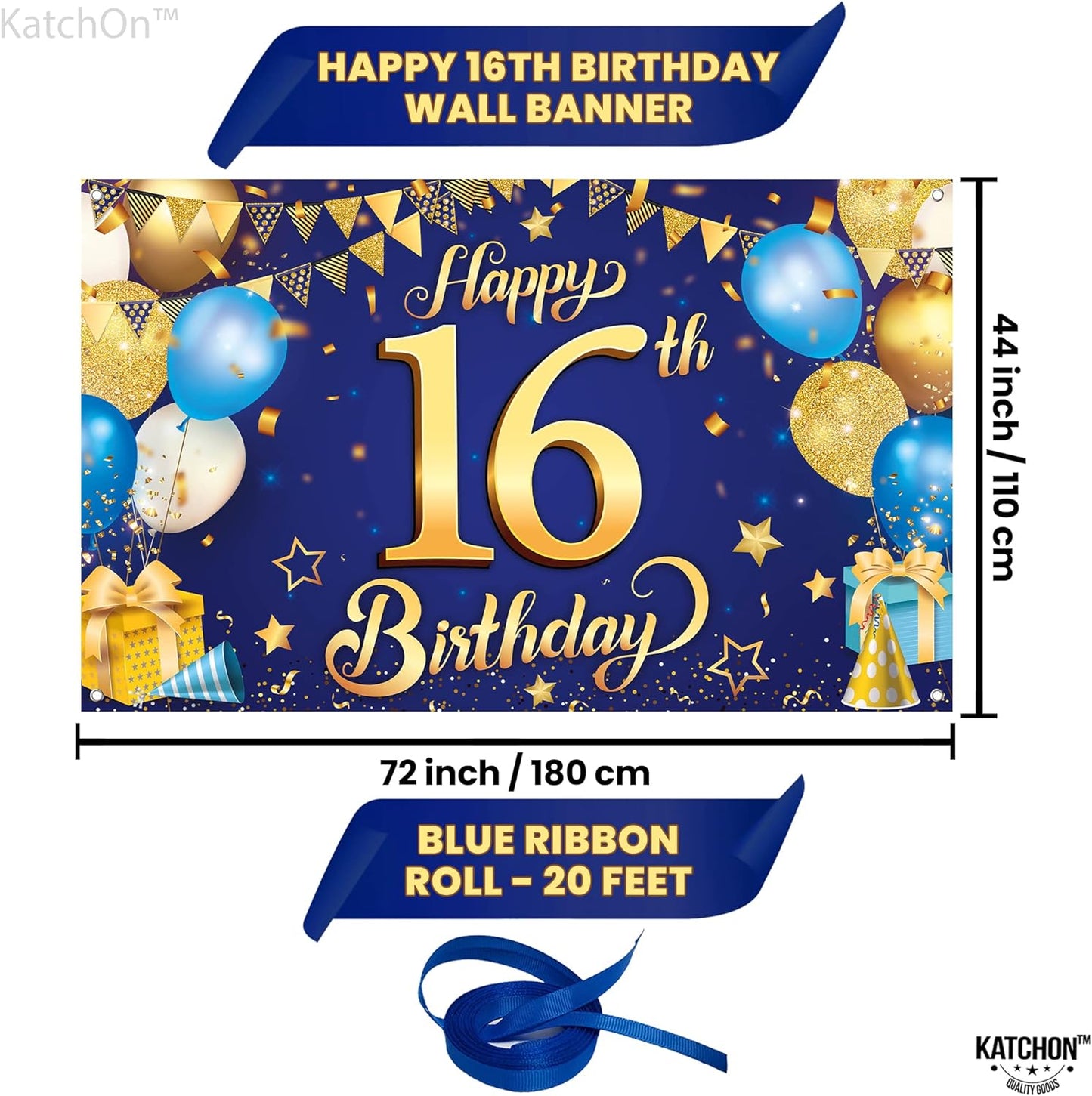 KatchOn, Blue and Gold Happy 16th Birthday Banner - XL, 72x44 Inch | Blue 16th Birthday Backdrop, 16th Birthday Party Supplies, 16 Year Old Boy Birthday Decorations, 16th Birthday Decorations for Boys