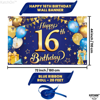 KatchOn, XtraLarge Blue and Gold Happy 16th Birthday Banner - 72x44 Inch | 16th Backdrop for Happy Birthday Decorations | Blue and Gold Party Decorations