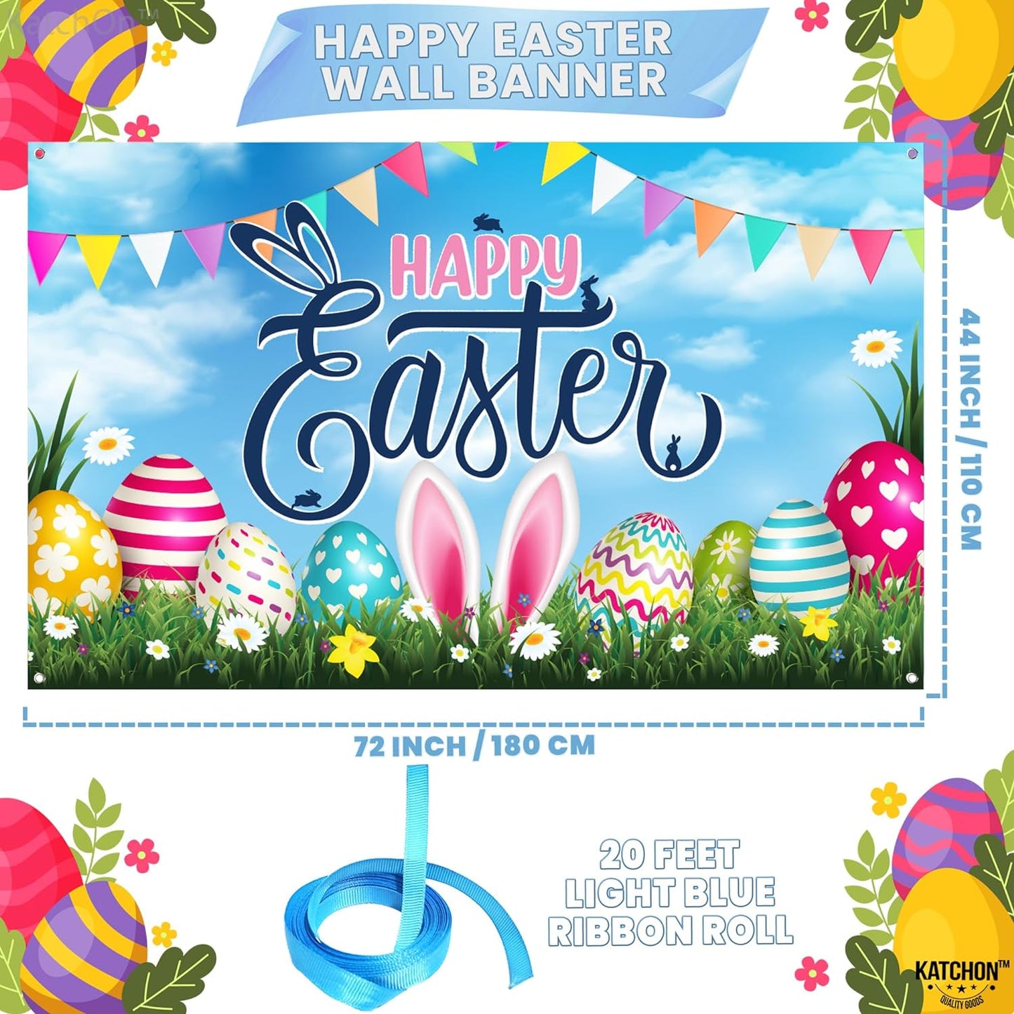 KatchOn, Large, Happy Easter Banner Decorations - 72x44 Inch | Happy Easter Backdrops for Photography, Easter Wall Decorations | Easter Banners for Outside, Easter Party Decorations | Easter Poster