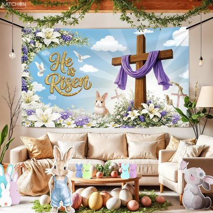 katchon large happy easter banner 72x44 inch he is risen backdrop for easter decorations christian easter decorations easter photo backdrop he is risen decor jesus spring party decoration