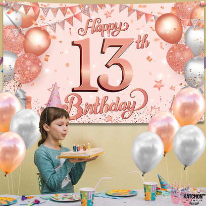 KatchOn Rose Gold Happy 13th Birthday Banner - Large, 72x44 Inch | 13th Birthday Backdrop for Girls' Birthday Decorations