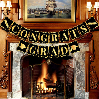 KatchOn, Black and Gold Congrats Grad Banner - Large 10 Feet, No DIY | Congratulations Graduate Banner for 2026 Graduation Decorations | Congrats Grad Sign for Graduation Decorations 2026