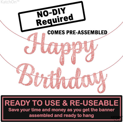 KatchOn, Glitter Rose Gold Happy Birthday Banner - Prestrung, 10 Feet | Rose Gold Birthday Banner for Rose Gold Birthday Decorations | Rose Gold Happy Birthday Sign for Rose Gold Party Decorations