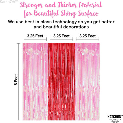 KatchOn, Xtralarge Pink and Red Streamer Backdrop - 3.2x8 Feet, Pack of 3 | Pink and Red Fringe Backdrop | Backdrop Curtain for Sweet Sixteen Party Decorations | Bachelorette Party Décor