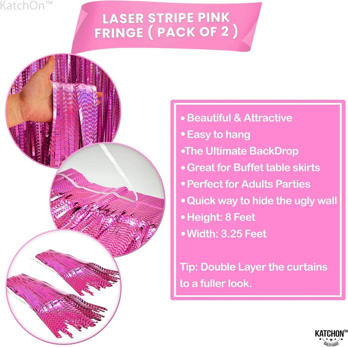 KatchOn, Laser Pink Backdrop Curtain - Large, 8x3.2 Feet, Pack of 2 | Laser Pink Streamers for Pink Party Decorations | Pink Fringe Backdrop | Pink Tinsel Backdrop for Hot Pink Birthday Decorations