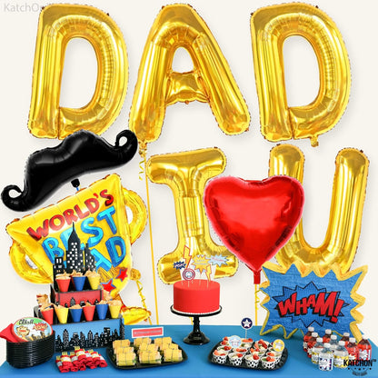 KatchOn, Fathers Day Balloons with Mustach - Giant 32 Inch, Pack of 8 | Gold I Love U Dad Balloons, Best Dad Trophy balloon | Happy Fathers Day Decorations for Party | Fathers day Foil balloons