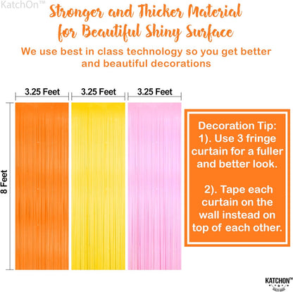 Katchon Orange Pink and Yellow Fringe Backdrop - 9.75x8 Feet, Pack of 3 Easter Streamers | Groovy Backdrop, Groovy Party Decorations | Easter Backdrops for Photography | Two Groovy Decorations Girl