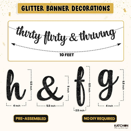 KatchOn, Glitter Thirty Flirty & Thriving Banner - 10 Feet | 30th Birthday Decorations for Her, Him | 30th Birthday Party Decorations for Women | Talk Thirty to Me banner, Black 30th Birthday Banner