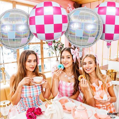 KatchOn, Pink White and Disco Ball Foil Balloons - 23 Inch, Pack of 8 | Galentines Balloons, Galentines Day Decorations | Pink and White Round Checkered Balloon, Cowgirl Birthday Party Decorations