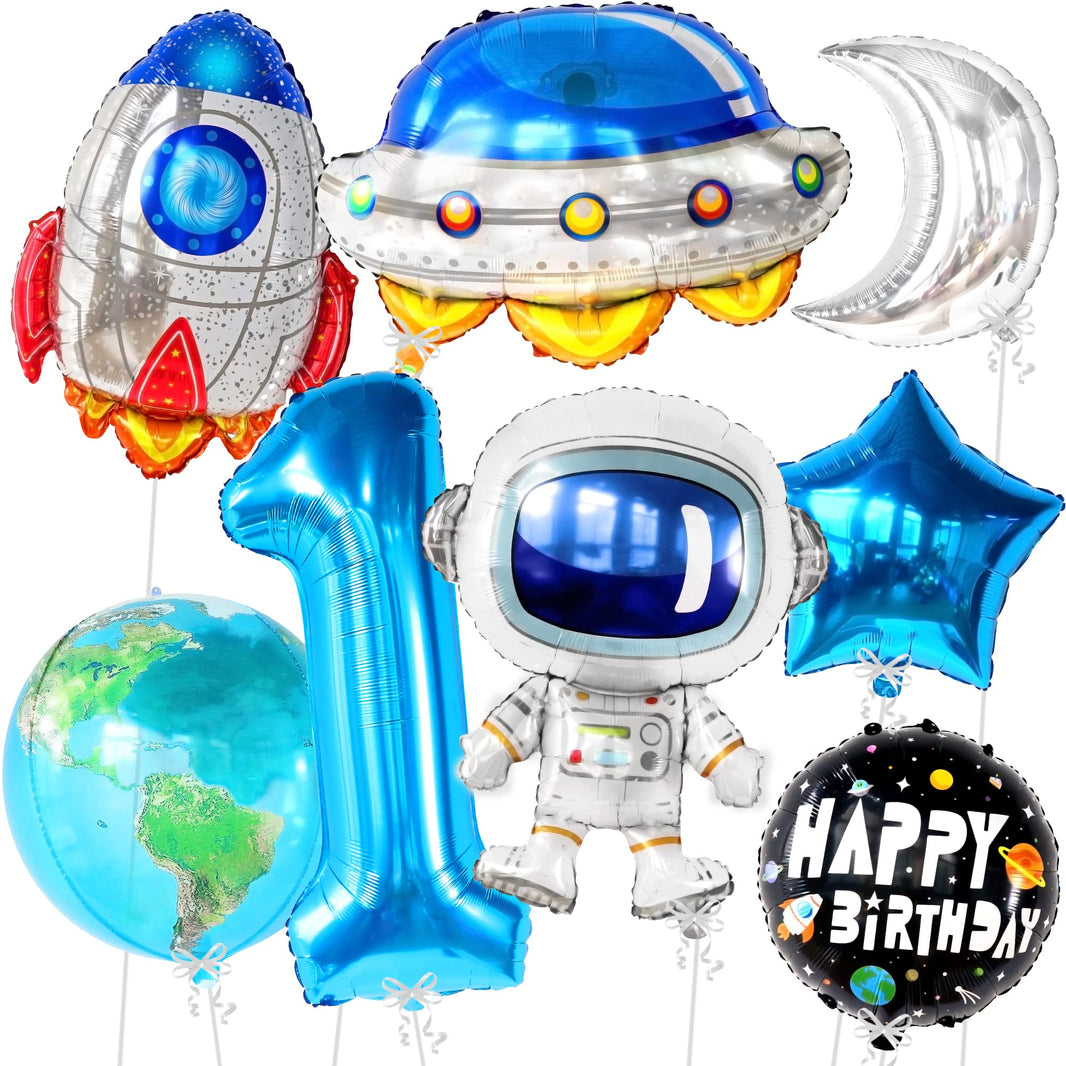 KatchOn, Big Space Balloons First Birthday Set - 40 Inch, Pack of 8 | First Trip Around The Sun Balloons, Number 1 Balloon | Blue Space Birthday Balloons for First Trip Around The Sun Decorations
