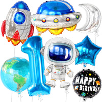 KatchOn, Big Space Balloons First Birthday Set - 40 Inch, Pack of 8 | First Trip Around The Sun Balloons, Number 1 Balloon | Blue Space Birthday Balloons for First Trip Around The Sun Decorations