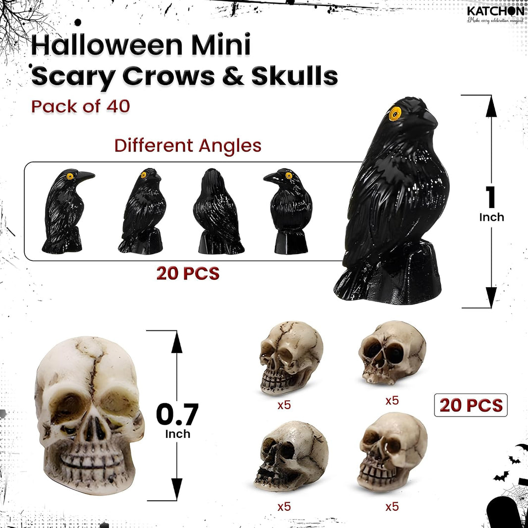 KatchOn Miniature Crows and Skulls – Pack of 40 | Halloween Decor Indoor, Outdoor | Halloween Decorations & Party Supplies | Skull Heads, Realistic Birds Decoration for Spooky Decor