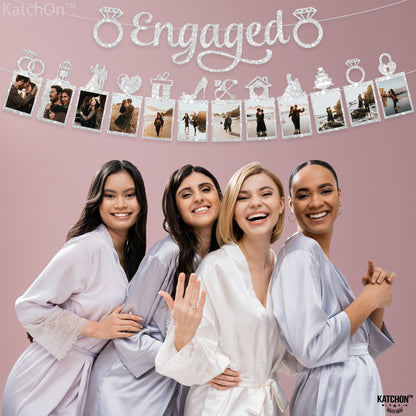 KatchOn, Silver Glitter Engaged Photo Banner - 2 String, 10 Feet, No DIY | Silver Engagement Party Decorations | Engagement Photo Banner for Bachelorette Party Decorations | She Said Yes Decorations
