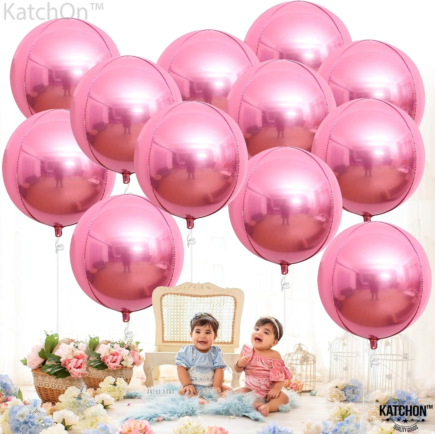 KatchOn, Light Pink Foil Balloons - 22 Inch, Pack of 12 | Pink Mylar Balloons for Pink Party Decorations | Pink Sphere Balloons, Pink Metallic Balloons for Pink Birthday Decorations | Pink Balloons