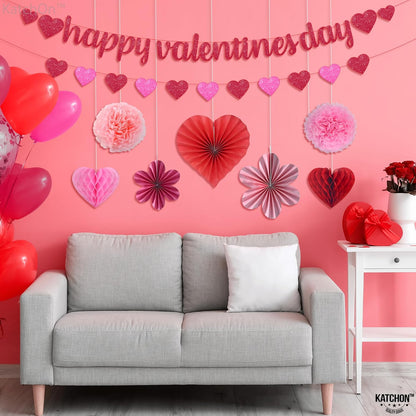 KatchOn, Happy Valentines Banner Set - Pack of 9 | Glitter Valentines Banner, 10 Feet | Heart Garland, Honeycomb Valentines Decorations | Hanging Honeycomb Hearts, Pink Valentines Decorations