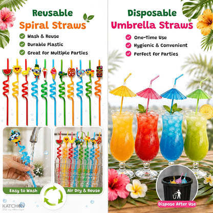 KatchOn Beach Theme Reusable Crazy Silly Straws, Pack of 24 | Summer Straws, Umbrella Straws, Pool Party Favors, Summer Beach Party Supplies, Hawaiian Birthday, Luau Party Decorations