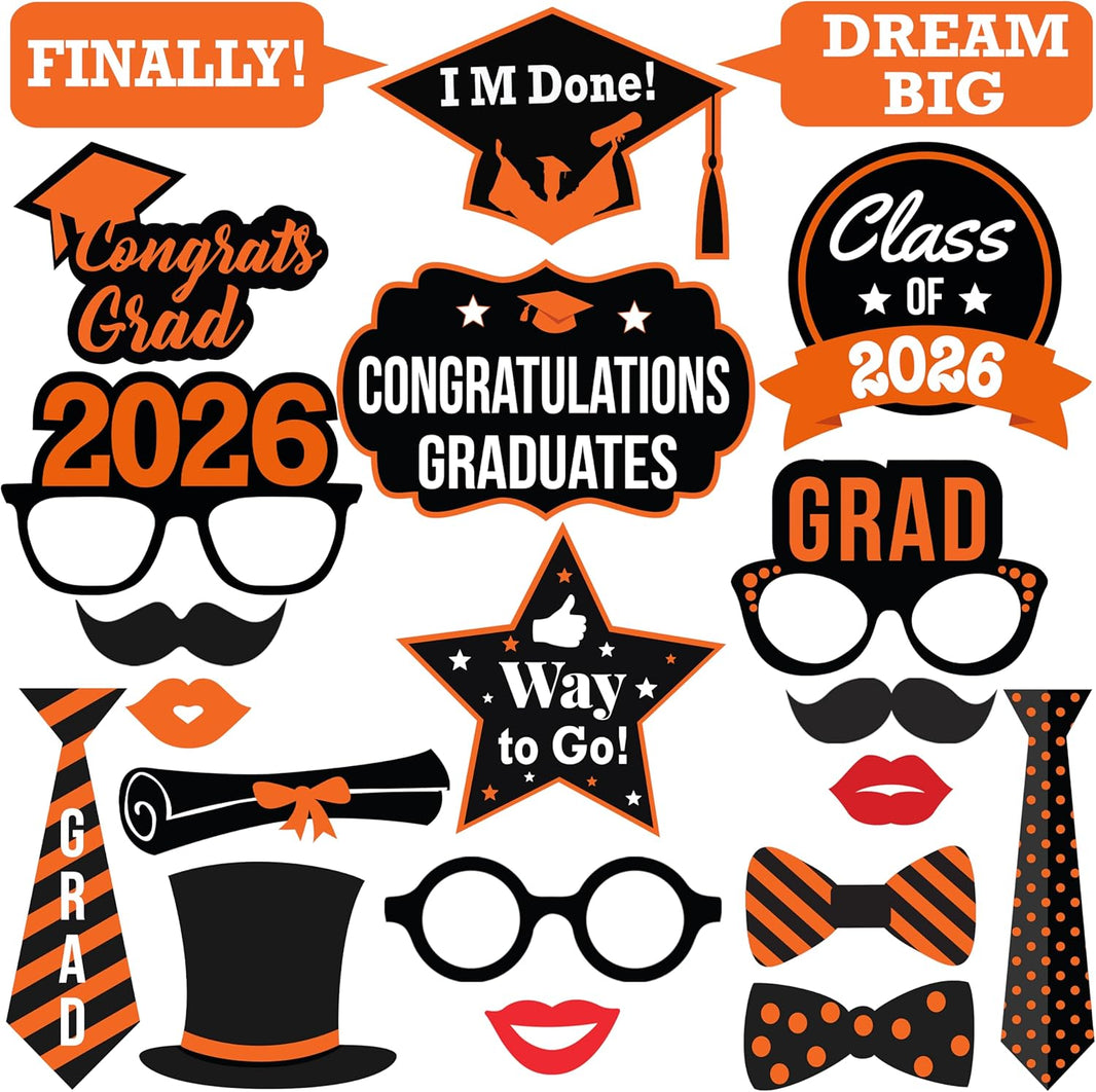 KatchOn, Graduation Photo Booth Props - Pack of 21 | Grad Photo Props for Orange and Black Graduation Decorations 2026 | Graduation Props for Congrats Grad Decorations | Class of 2026 Decorations