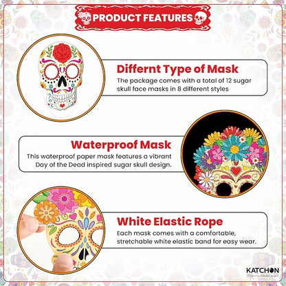 KatchOn, Halloween Face Mask, Pack of 12 | Halloween Party Supplies, Dia De Los Muertos Decorations | Sugar Skull Mask for Day of the Dead Party Decorations | Sugar Skull Decor Dia De Los Muertos Mask