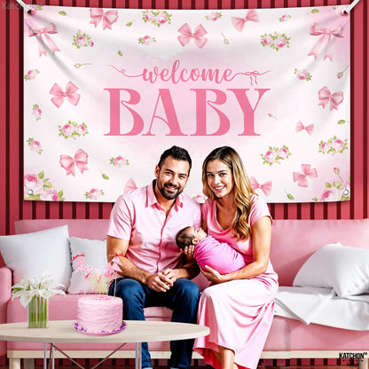 KatchOn, XtraLarge Welcome Baby Backdrop - 72x44 Inch Pink | Welcome Home Baby Girl Banner for Baby Shower & Gender Reveal Decorations