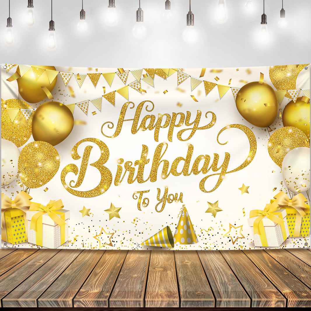 KatchOn, Gold Happy Birthday Banner - XtraLarge 72x44 Inch | Birthday Decorations for Women, Men, Boys and Girls | Hbd Banner Backdrop Gold And White Party Decoration