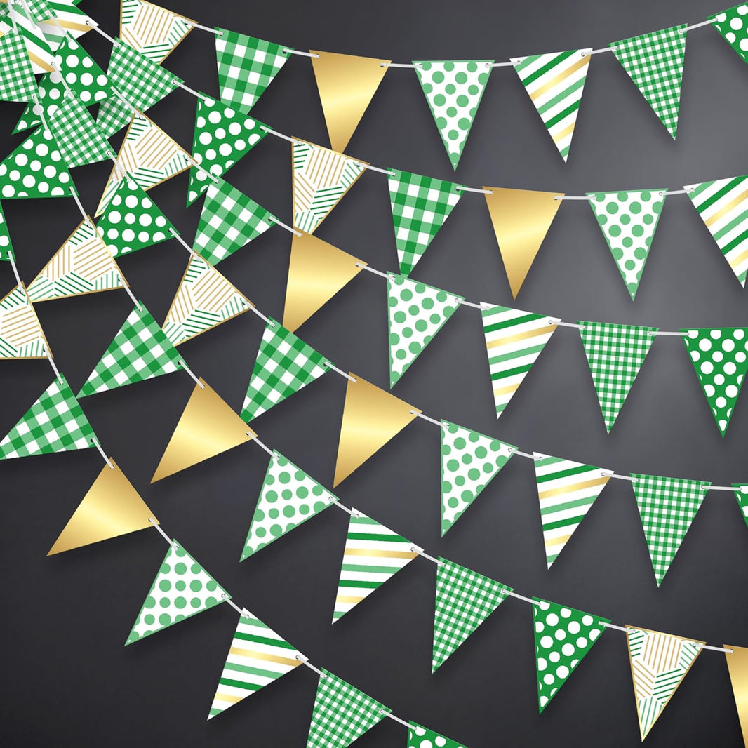 KatchOn, Christmas Pennant Banner Flags - 30 Feet | Gingham Checkered Triangle Fabric Bunting Garland Green, White and Gold | Party Decorations for Birthday, And Christmas Wall Decorations Indoor