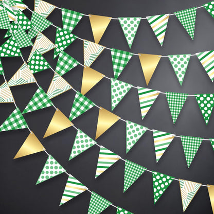 KatchOn, Christmas Pennant Banner Flags - 30 Feet | Gingham Checkered Triangle Fabric Bunting Garland Green, White and Gold | Party Decorations for Birthday, And Christmas Wall Decorations Indoor