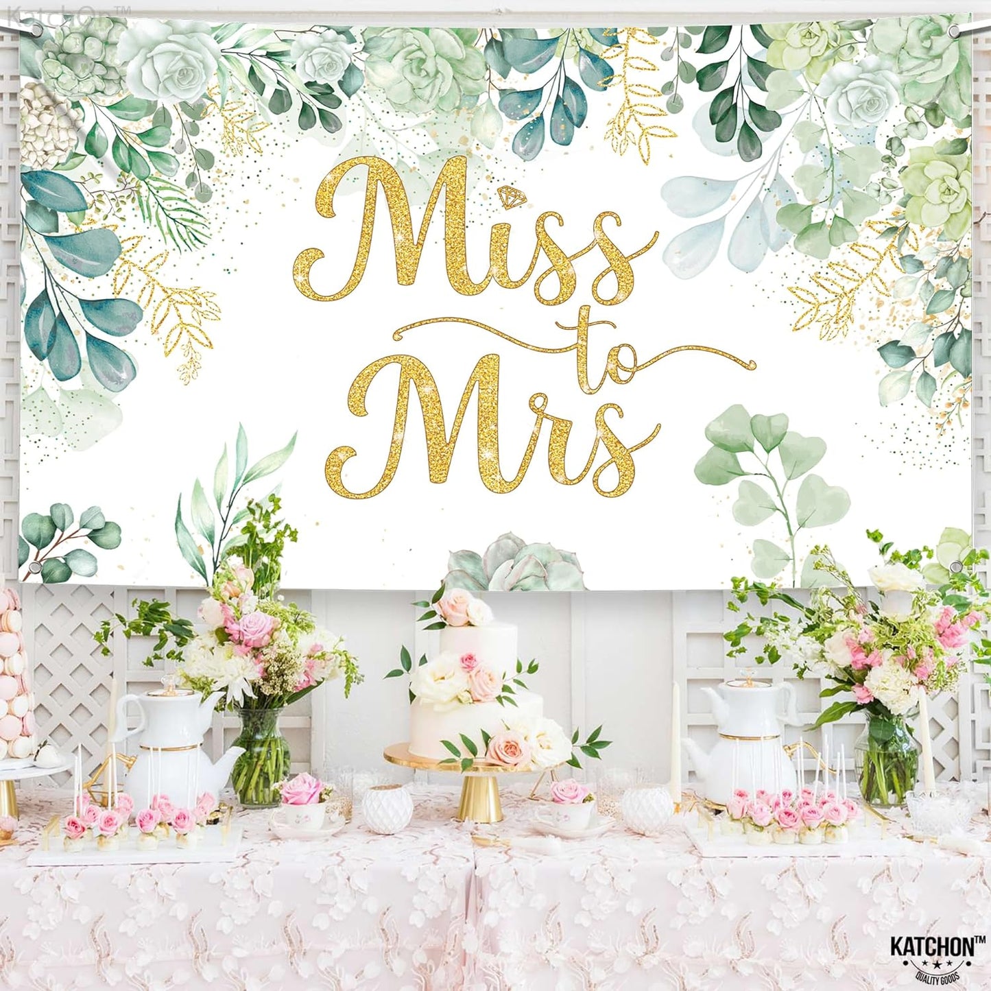 KatchOn, Green Miss To Mrs Banner - XtraLarge 72x44 Inch | Miss To Mrs Backdrop for Bachelorette Party Decorations | Tropical Bridal Shower Decorations | Floral Leaf Bridal Shower Photo Booth Backdrop