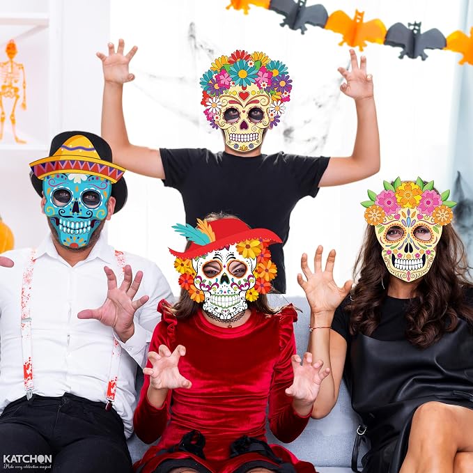 KatchOn, Halloween Face Mask, Pack of 12 | Halloween Party Supplies, Dia De Los Muertos Decorations | Sugar Skull Mask for Day of the Dead Party Decorations | Sugar Skull Decor Dia De Los Muertos Mask
