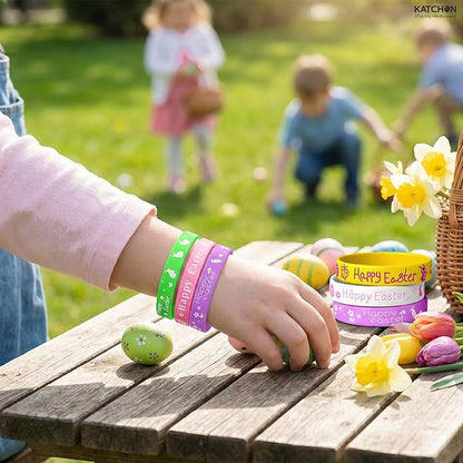 KatchOn, Happy Easter Bracelets - Pack of 40 | Easter Basket Stuffers Rubber Wristbands Bracelets | Party Favors for Classroom Gifts, Easter Decorations for Home