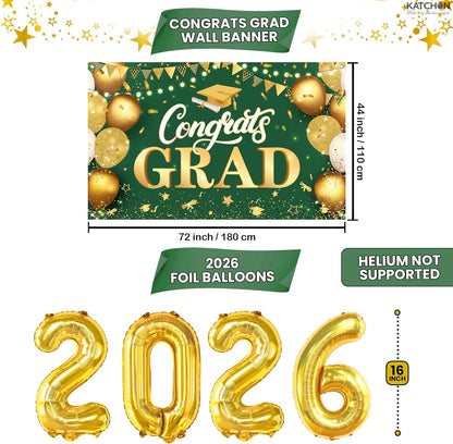 Graduation Decorations 2026 | Green and Gold - Pack of 76 | Congrats Grad Banner | Green Graduation Banner and Grad Balloon Boxes | Graduation Balloon Arch Kit 2026 Graduation Decorations, KatchOn