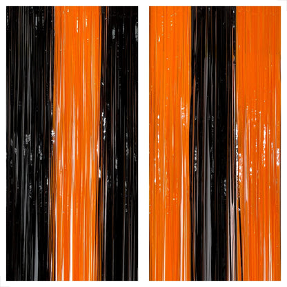 KatchOn, Black and Orange Foil Fringe Curtain - XtraLarge 3.2x8 Feet, Pack of 2 | Orange and Black Streamers, Halloween Decorations | Fringe Backdrop Curtain for Birthday, Basketball Party Decorations