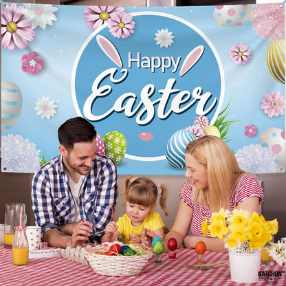 KatchOn, XtraLarge Happy Easter Backdrop - Large, 72x44 Inch | Happy Easter Banner for Easter Decorations | Easter Backdrops for Photography, Easter Party Decorations | Easter Egg Hunt Decorations