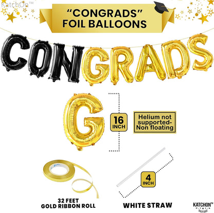 Black and Gold Congrats Balloons - 16 Inch, Graduation Balloons | Congrats Grad Foil Balloons for Graduation Decorations 2026 | Black and Gold Graduation Decorations | Congrats Grad Banner - KatchOn