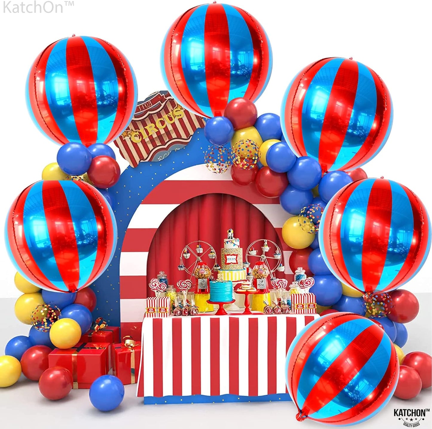 Big, Red and Blue Carnival Balloons - Pack of 6, Circus Decorations | 22 Inch 360 Degree 4D Red Blue Balloons | Carnival Theme Party Decorations | Circus Theme Party Decorations | Carnival Decorations