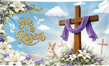 katchon large happy easter banner 72x44 inch he is risen backdrop for easter decorations christian easter decorations easter photo backdrop he is risen decor jesus spring party decoration