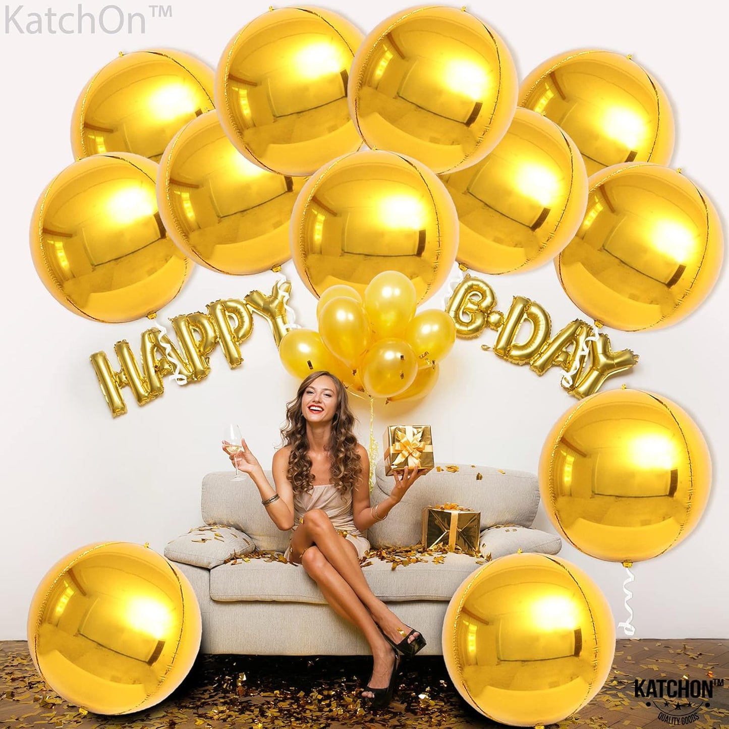 KatchOn, Big Gold Foil Balloons - 22 Inch, Pack of 12 | Gold 4D Balloons, Gold Mylar Balloons | Metallic Gold Balloons, Gold Round Balloons | Round 4D Gold Sphere Balloons for Gold Party Decorations