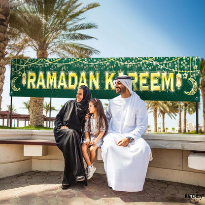 KatchOn, Ramadan Kareem Banner for Ramadan Decorations - Xtra Large 120x20 Inch | Ramadan Mubarak Banner for Ramadan Decorations Outdoor | Green and Gold Ramadan Yard Sign, Eid Decorations for Home