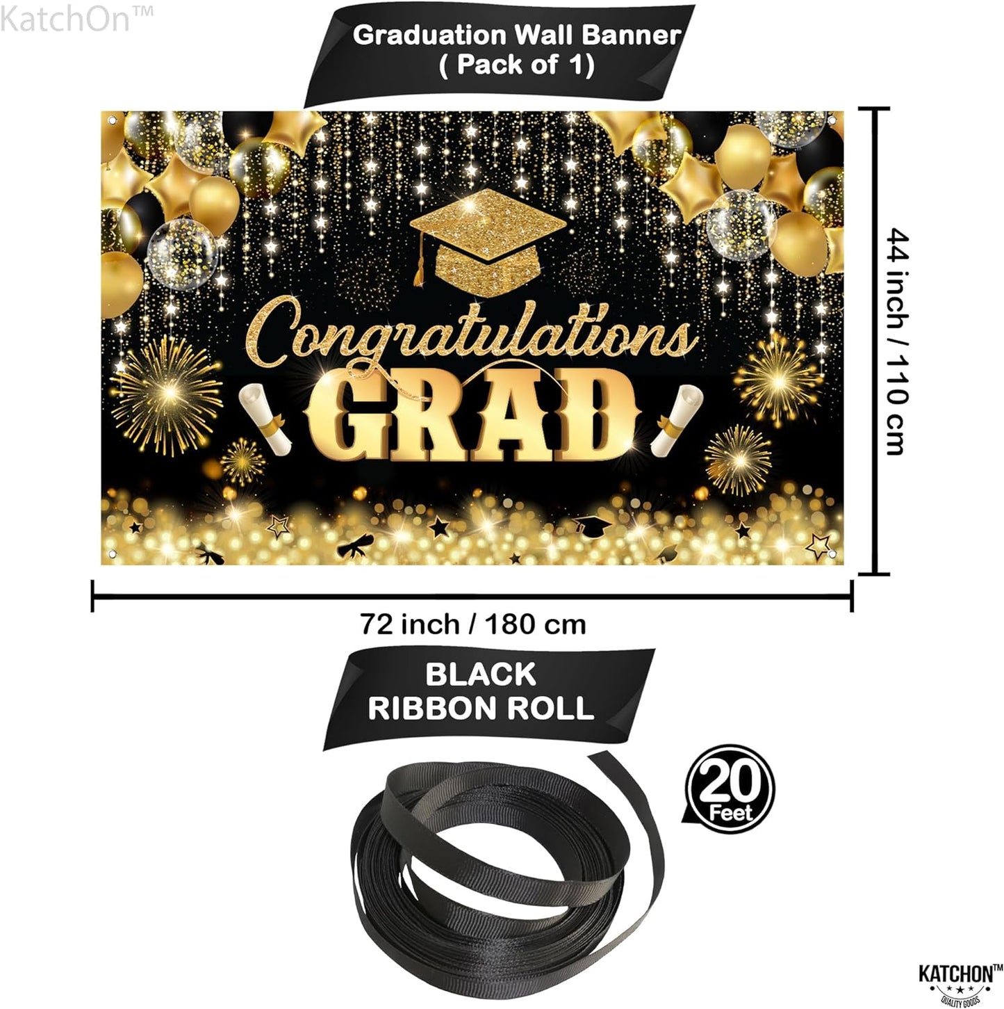 KatchOn, Congratulations Grad Banner - Large, 72x44 Inch | Glitter Black and Gold Graduation Backdrop, Graduation Decorations Class of 2024 | Congratulations Banner, 2024 Graduation Party Decorations