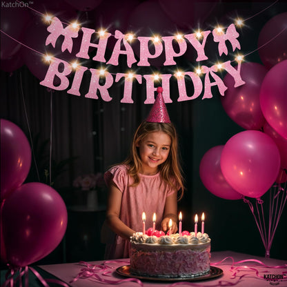 KatchOn, Pink Glitter Happy Birthday Banner with Lights - No DIY, 10 Feet | Happy Birthday Bow Banner | Birthday Decorations for Women, Girls | Pink Bow Birthday Decorations