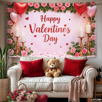 KatchOn, Happy Valentines Day Backdrop - XtraLarge, 72x44 Inch | Pink and Red Valentines Backdrop for Valentines Day Decorations | Happy Valentines Day Sign | Valentines Day Banner, Valentines Décor