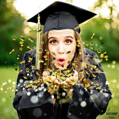 Graduation Decorations 2026 | Glitter, Black and Gold Graduation Confetti - Pack of 300 | Congrats Grad Confetti, Class of 2026 | Grad Hat, Star Confetti for Police Grad Decorations, KatchOn