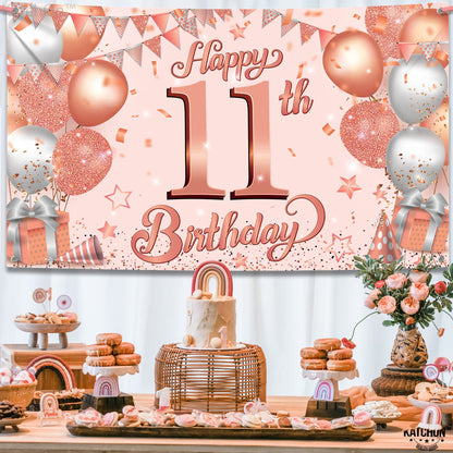 KatchOn, Rose Gold Happy 11th Birthday Banner - Large, 72 x 44 Inch | Rose Gold Happy 11th Birthday Backdrop for Girls | Happy 11th Birthday Decorations for Girls | 11 Year Old Birthday Decorations
