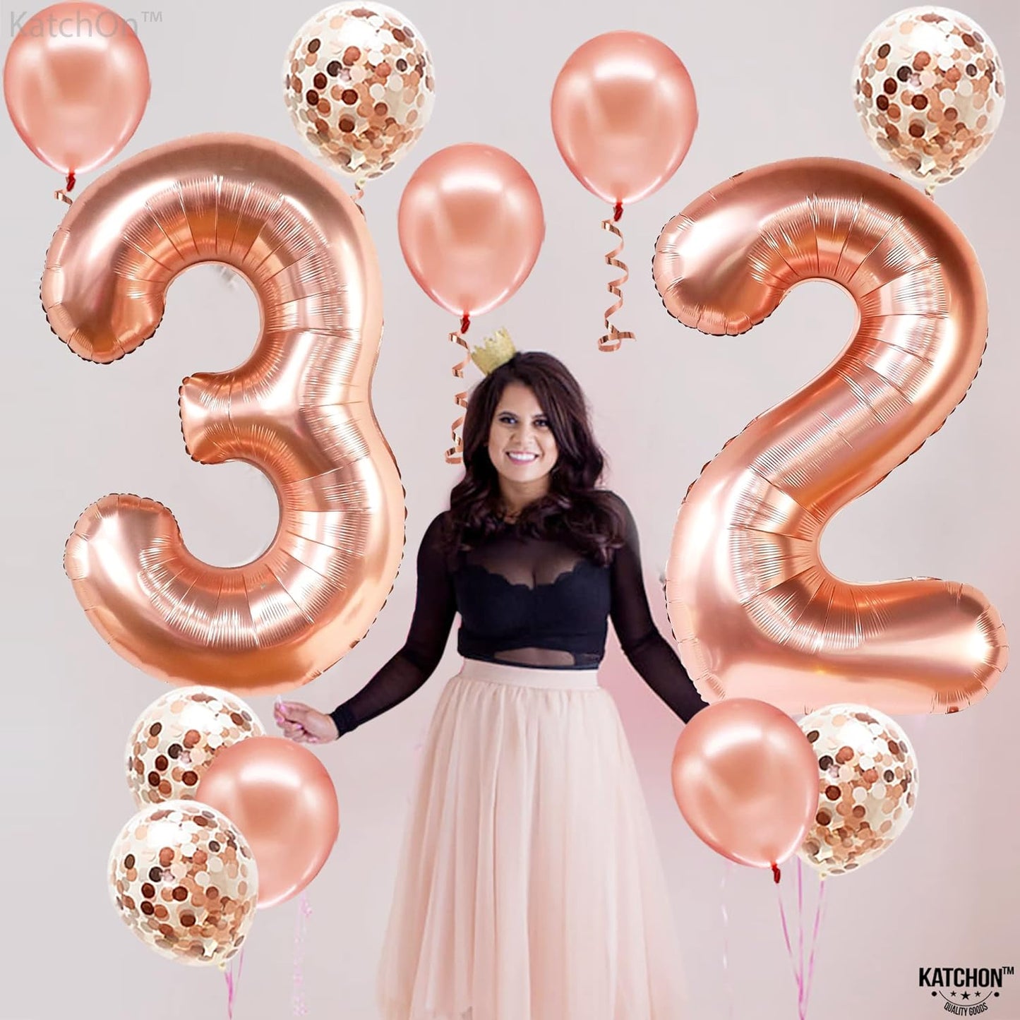 KatchOn, Giant Rose Gold 32 Balloon Numbers - 40 Inch, Pack of 12 | 32 Birthday Decorations for Women with Confetti | 32 Number Balloons, 32nd Birthday Decorations for Women | 32 Birthday Balloons