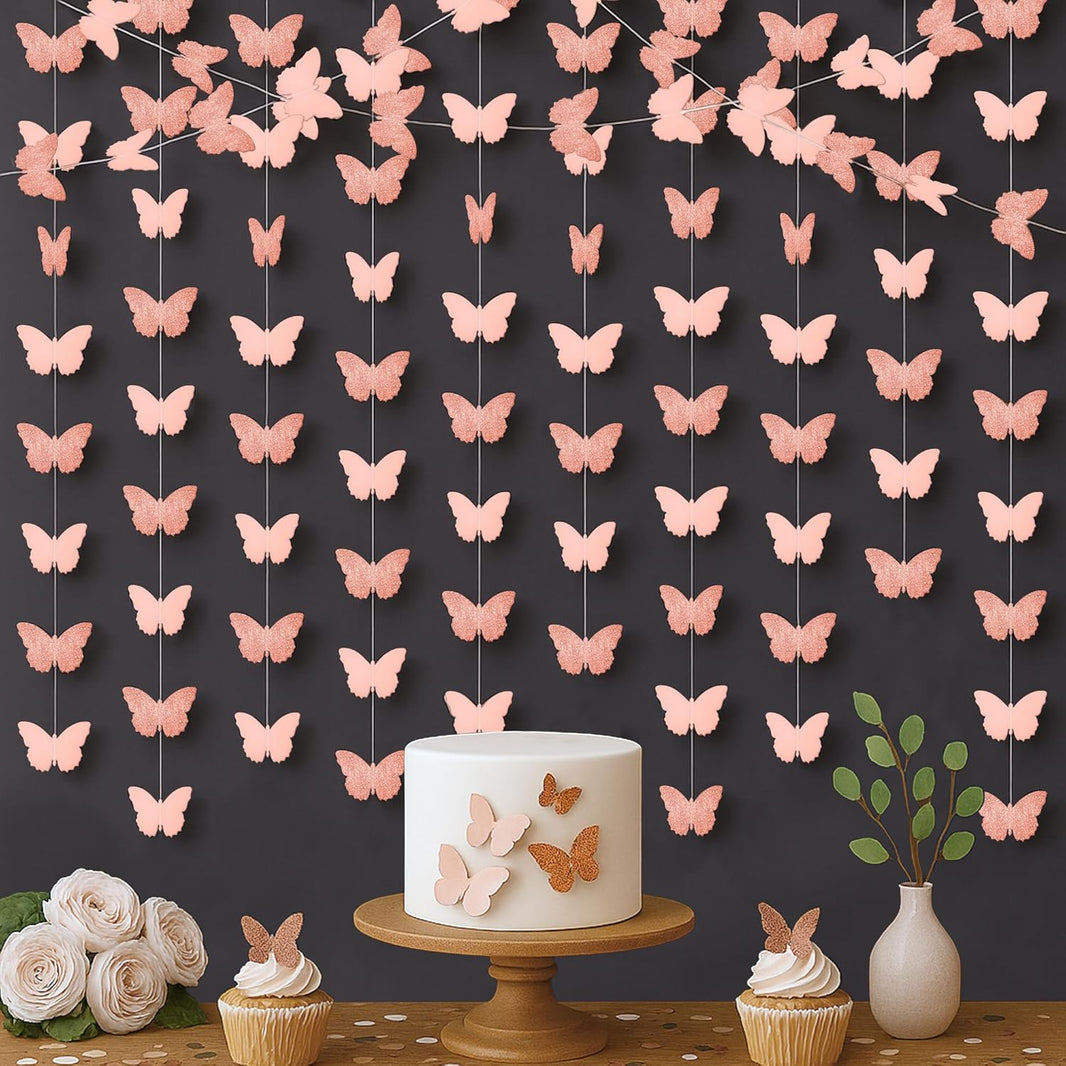 KatchOn, Rose Gold Hanging Butterfly Garland - Pack of 6 | Butterfly Wall Decor & Birthday Banner for Girls | Butterfly Birthday Decorations for Women, Baby Shower, Wedding, Bridal Shower