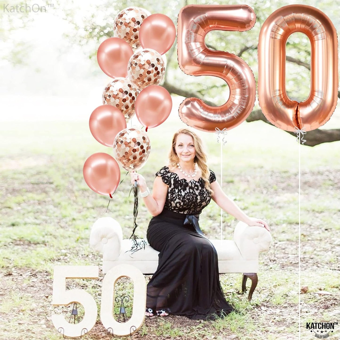 KatchOn, Giant Rose Gold 50th Birthday Balloons - 40 Inch | 50 Balloon Number, Confetti Balloons | 50 Birthday Balloons for 50 and Fabulous Birthday Decorations | 50th Birthday Decorations for Women