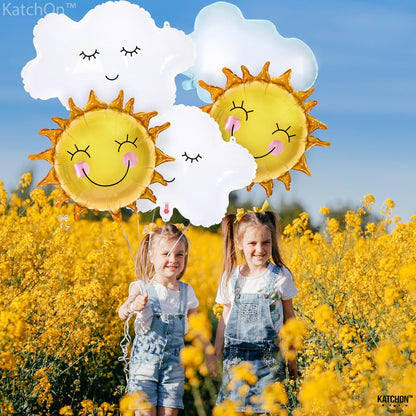 KatchOn, Big Sun and Cloud Balloons Set - 29 Inch, Pack of 5 | Foil Sun Balloon, Sunshine Party Decorations | Sunshine Baby Shower Decorations | Boho Sunshine Balloons for Sun Baby Shower Decorations